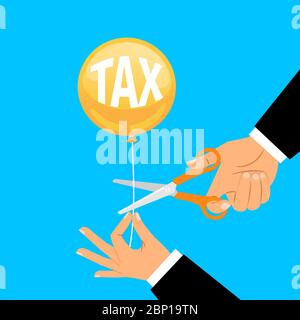 Businessman hand cutting tax balloon string with scissors, vector illustration Stock Vector