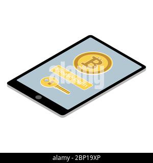 Concept bitcoin wallet app on the isometric tablet PC isolated on the white background, vector illustration Stock Vector