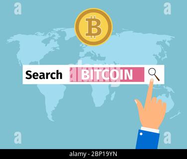 Businessman hand pressing internet browser and search bitcoin, vector illustration Stock Vector