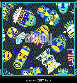 Blue psychedelic bandana with masks and geometric pattern, vector illustration Stock Vector