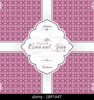 Invitation template card with bright lilac background with circular violet linear pattern, vector illustration Stock Vector