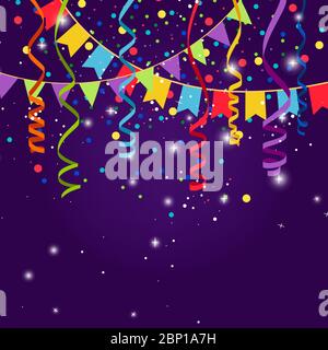 Happy party or festive blue background with flag garlands. Triangular flags, bunting confetti and paper serpentine strings for jubilee celebration. Vector illustration Stock Vector
