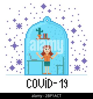 Girl under the glass cap, around flying Coronavirus COVID-19. Can be used for poster, web banner. Outbreak,quarantine,pandemic isolation concept Stock Vector