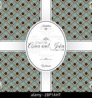 Invitation template card with blue and brown japanese pattern, vector illustration Stock Vector