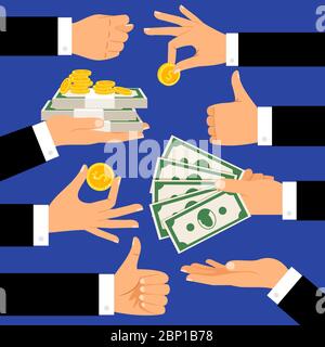 Money gestures. Hands holding money, dollars and coins cartoon vector illustration Stock Vector