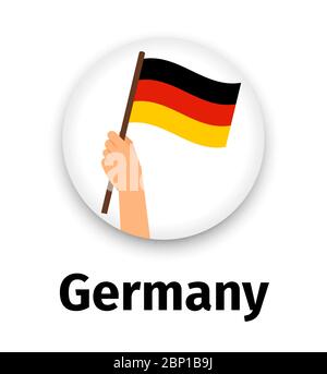 Germany flag in hand, round icon with shadow isolated on white. Human hand holding flag, vector illustration Stock Vector