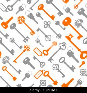 Key seamless pattern in modern colors, grey and orange, vector illustration Stock Vector