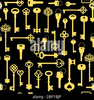 Vintage golden key seamless pattern on the black background, vector illustration Stock Vector