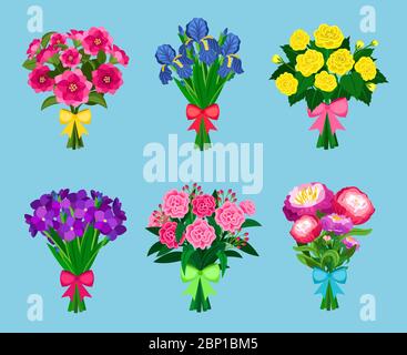 Flowering bouquets Set isolated on blue background. Bunch of flowers with bows for wedding or valentine vector illustration Stock Vector