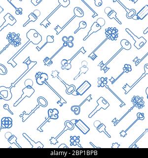 Key seamless pattern in blue outline, vector illustration for textile design Stock Vector