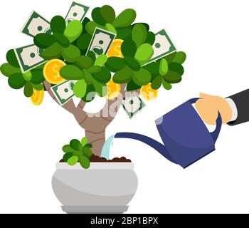 Money tree in flower pot, vector illustration. Businessman hand waterng money tree Stock Vector