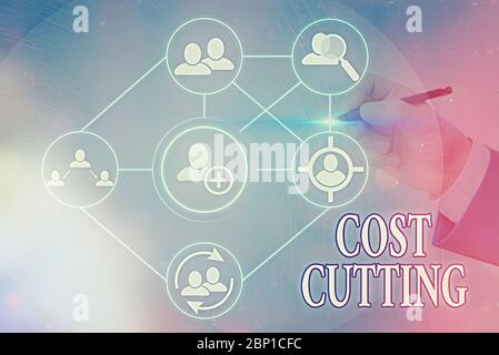 Text sign showing Cost Cutting. Business photo text Measures implemented to reduced expenses and improved profit Stock Photo