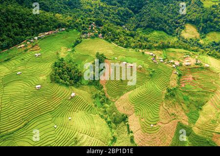 Aerial view on nature landscape with scenery rice field on background mountain at sunrise. 4K Stock Photo