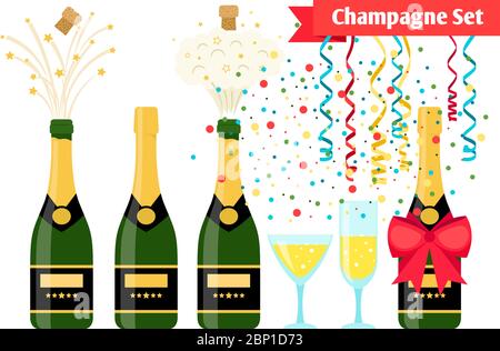 Champagnes party elements. Champagne bottle explosion, serpentine ribbons, confetti and glasses with sparkling wine isolated on white background Stock Vector