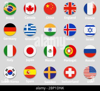 World flags set, round icons with shadow isolated vector illustration Stock Vector
