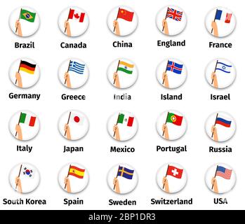 Wolrd flags set in hand, round icon with shadow isolated on white. Human hand holding flag, vector illustration Stock Vector