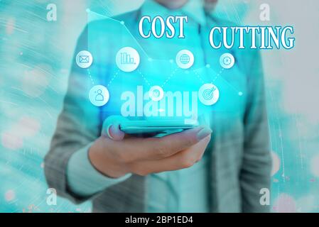 Text sign showing Cost Cutting. Business photo showcasing Measures implemented to reduced expenses and improved profit Stock Photo