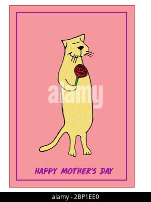 Color cartoon of a cat giving a red rose to mother signifiying Happy Mothers Day Stock Photo