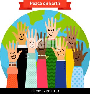 peace raised hands in different skin colors isolated on white vector ...