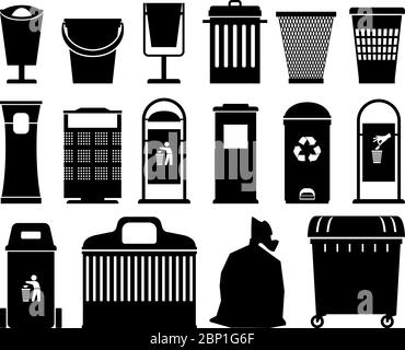Garbage black cans silhouette on white background , vector icons Stock Vector