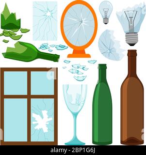 Glass garbage collection, empty bottles, brokem mirror and window, light bulbs vector icons Stock Vector