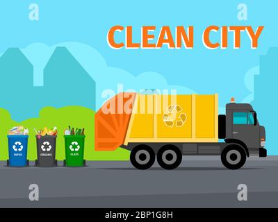 City waste recycling concept with garbage truck, vector illustration Stock Vector