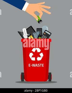 Businessman hand put battery in office trash recycle bin for garbage, vector illustration Stock Vector