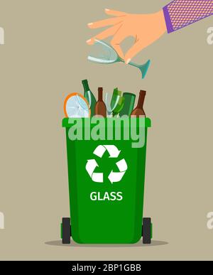 Woman hand throws garbage into a glass container, vector illustration Stock Vector