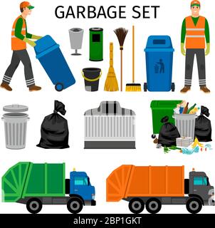 Garbage trucks, trash can and sweeper, colorful garbage collecting icons set on white background. Vector illustration Stock Vector