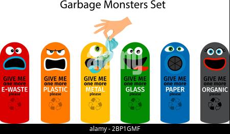 Garbage cans for kids with cartoon monster faces, vector illustration Stock Vector