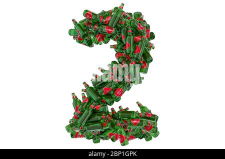 Number 2 from green glass beer bottles, 3D rendering isolated on white background Stock Photo