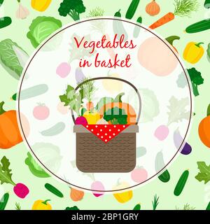 Fresh vegetable organic food set still life in basket, vector illustration Stock Vector