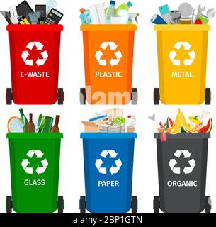 Trash in garbage cans with sorted garbage vector icons. Recycling garbage separation collection and recycled isolated on white background Stock Vector