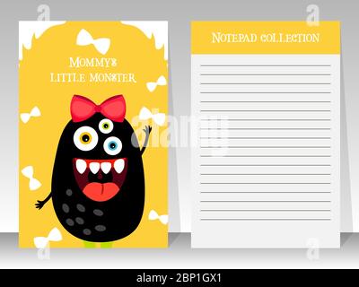 Cute yellow notebook template for kids with black girl monster, vector illustration Stock Vector
