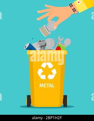 Woman hand throws garbage into a metal container, vector illustratin Stock Vector