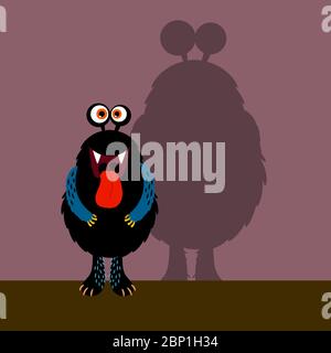 Cute black monster with shadow on violet, vector illustration Stock Vector