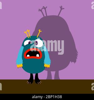 Confuzed blue monster with shadow on violet, vector illustration Stock Vector
