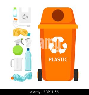 Orange garbage can with plastic garbage elements, vector illustration Stock Vector