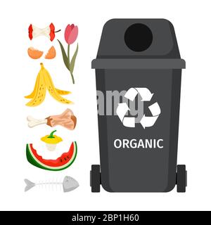 Grey garbage can with organic elements, vector illustration Stock Vector
