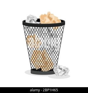 Office basket with crumpled paper isolated on white background, vector illustration Stock Vector