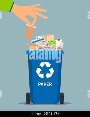 Woman hand throws garbage into a paper container, vector illustration Stock Vector