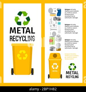 Garbage yellow container info with metal trash elements, vector illustration Stock Vector