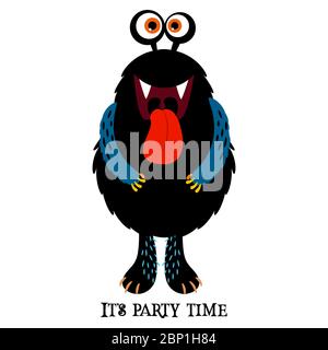 Cute print for t-shirt design with funny monster and text it is party time, vector illustration Stock Vector