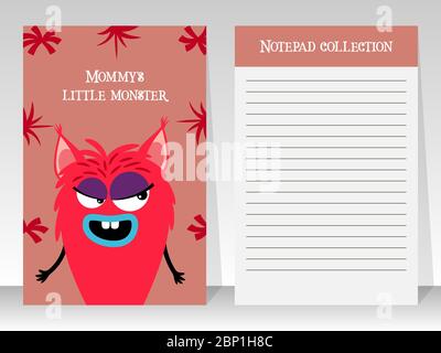 Cute pink notebook template for kids with girl red monster, vector illustration Stock Vector