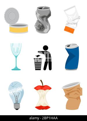 Garbage and waste elements isolated on the white background, vector illustration Stock Vector