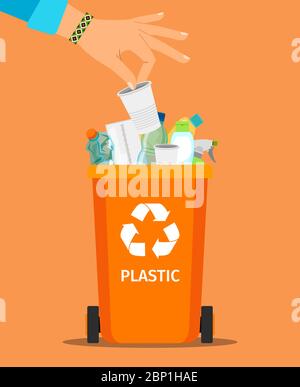 Woman hand throws garbage into a plastic container, vector illustration Stock Vector