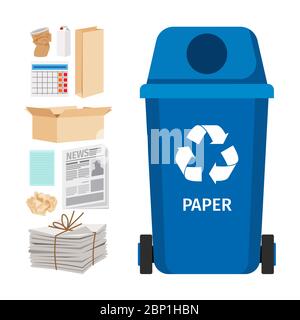Blue garbage can with paper trash elements, vector illustration Stock Vector