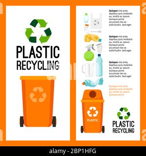 Garbage orange container info with plastic trash elements, vector illustration Stock Vector
