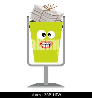 Garbage monster face can for children with paper waste, vector illustration Stock Vector