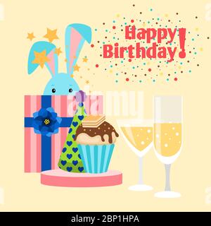 Happy birthday card with rabbit, muffin, present and a glass of champagne, vector illustration Stock Vector